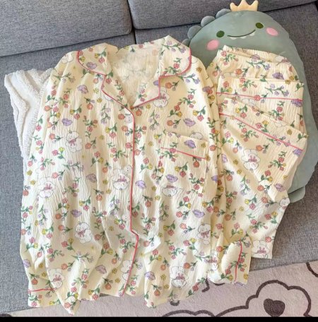 بجامة موردة كم طويل و بنطلون صيفي