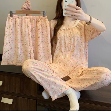 بجامة موردة زهري 3 قطع🌸
